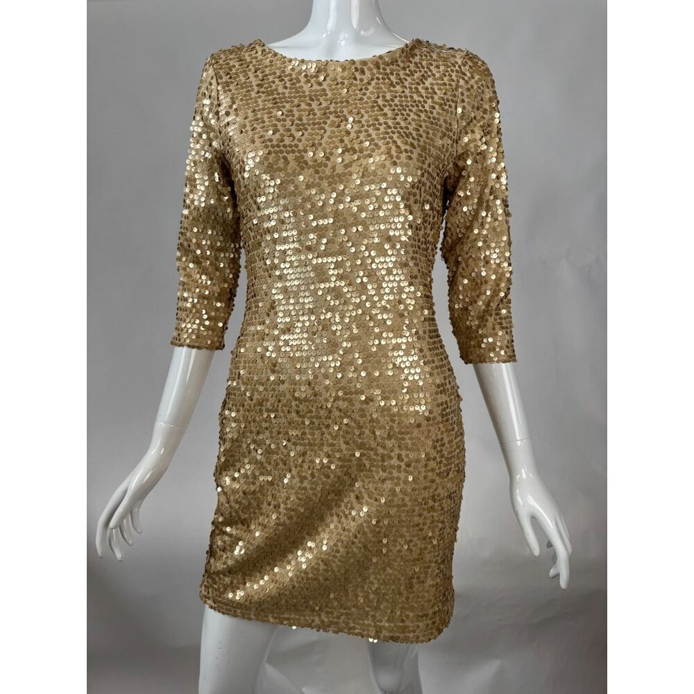 Fredericks Of Hollywood Gold Sequin Dress With 3/4 Sleeves & Low Back Design Siz